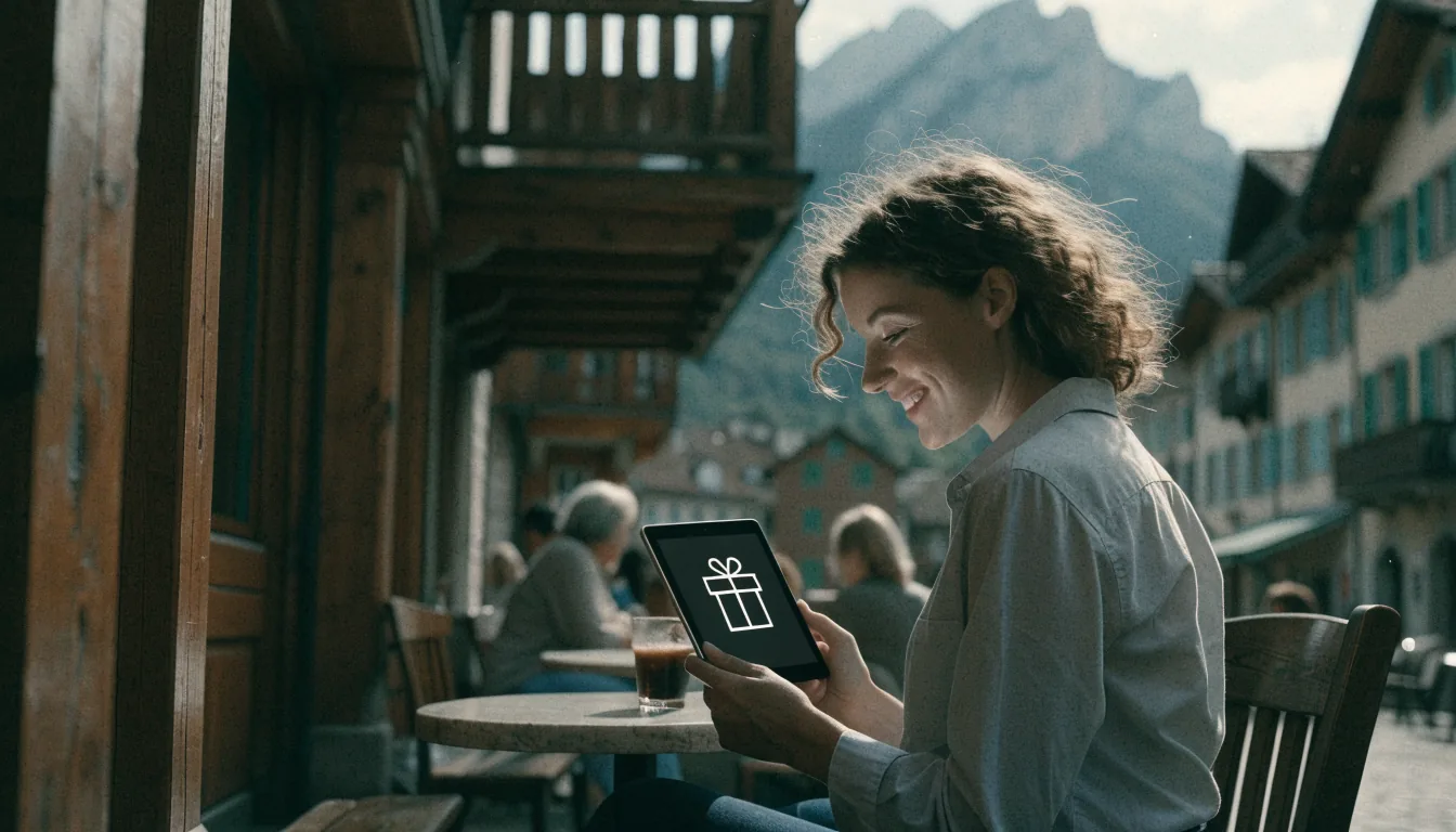 Junge Frau am Schweizer Café mit Tablet und Geschenk-Icon