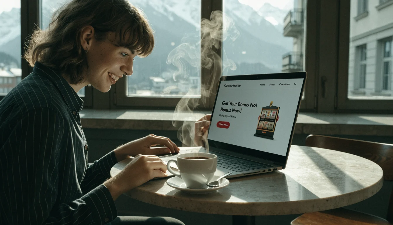 Junger Erwachsener im Café mit Laptop und Kaffee, Blick auf Alpen