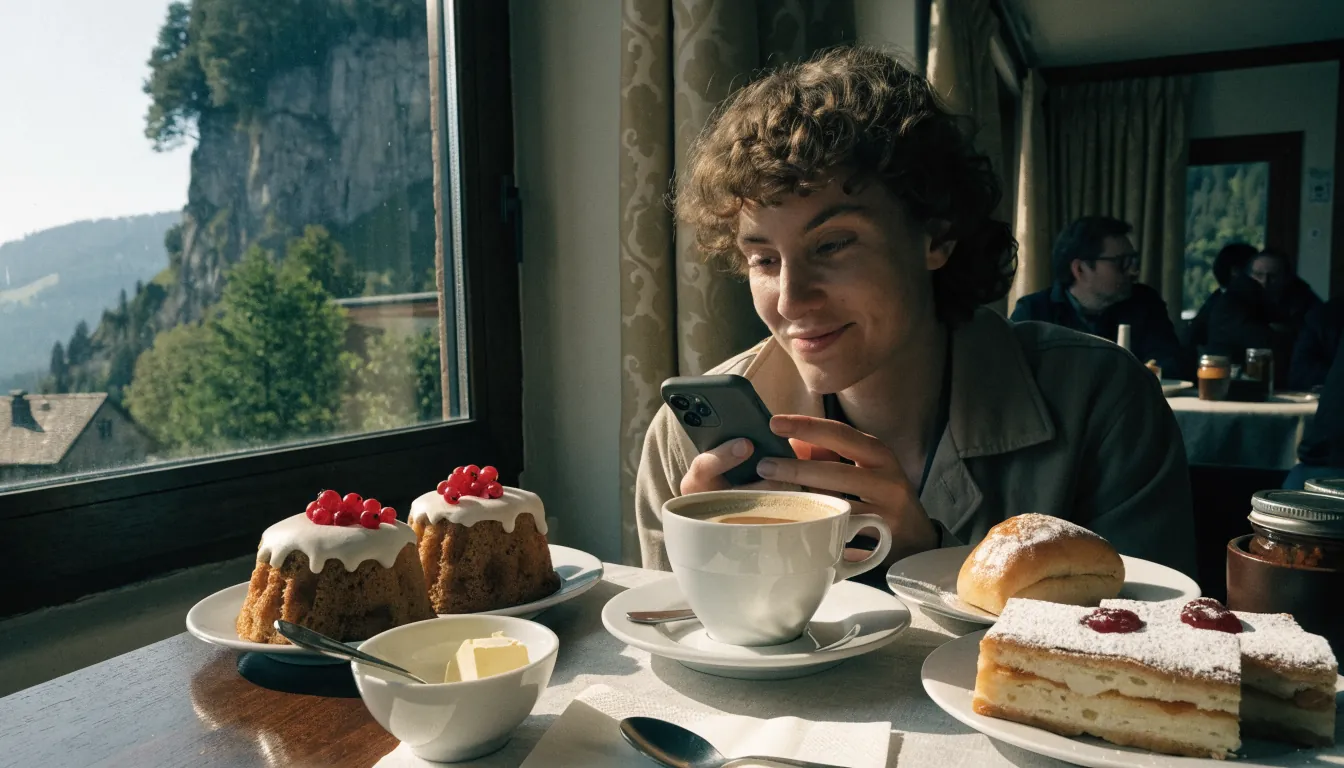 Junger Mensch in einer Schweizer Alpentaverne mit Smartphone, Kuchen und Bergblick