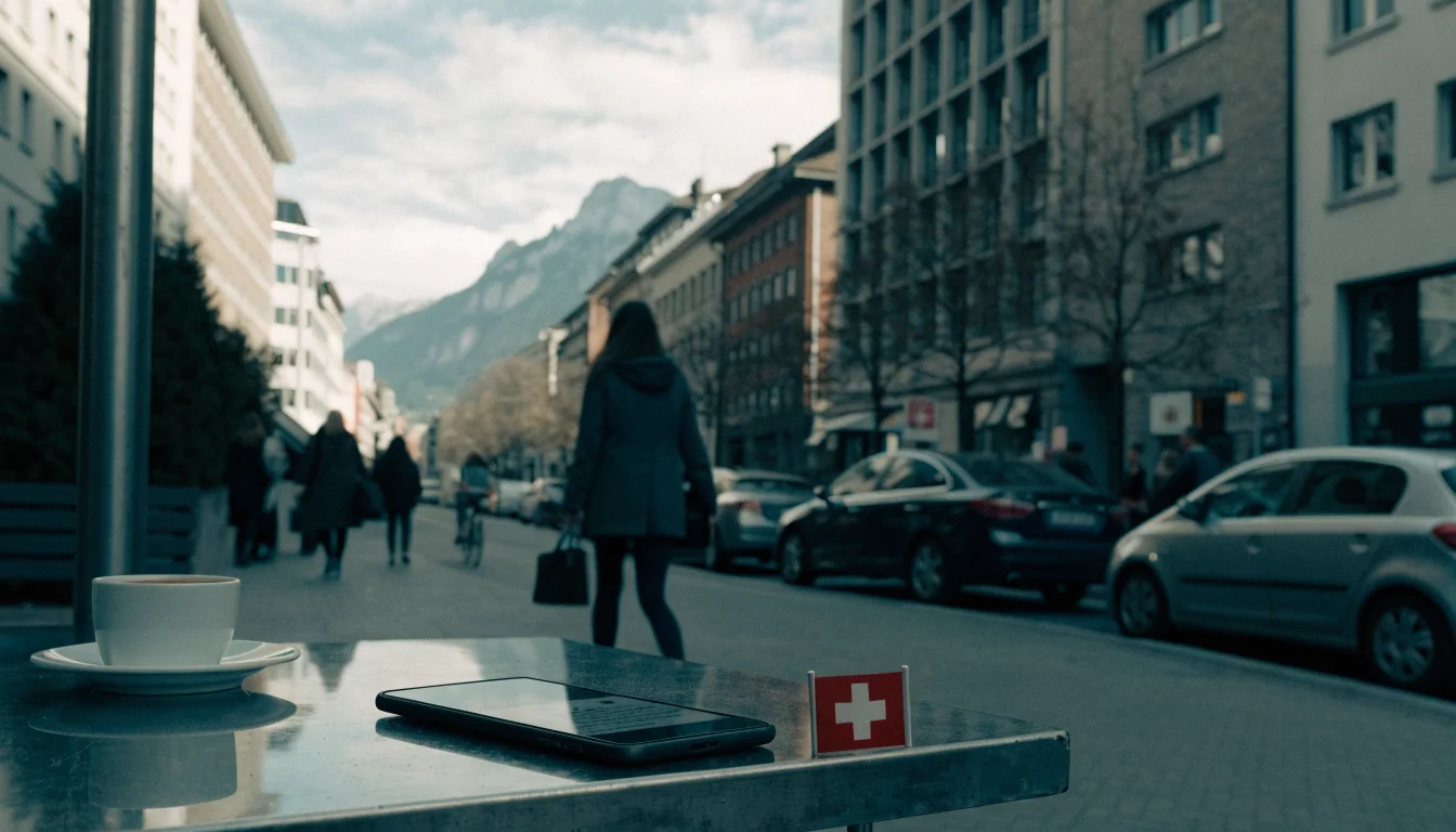 Schweizer Straßenszene mit Smartphone, Kaffee und Schweizer Flagge im Hintergrund