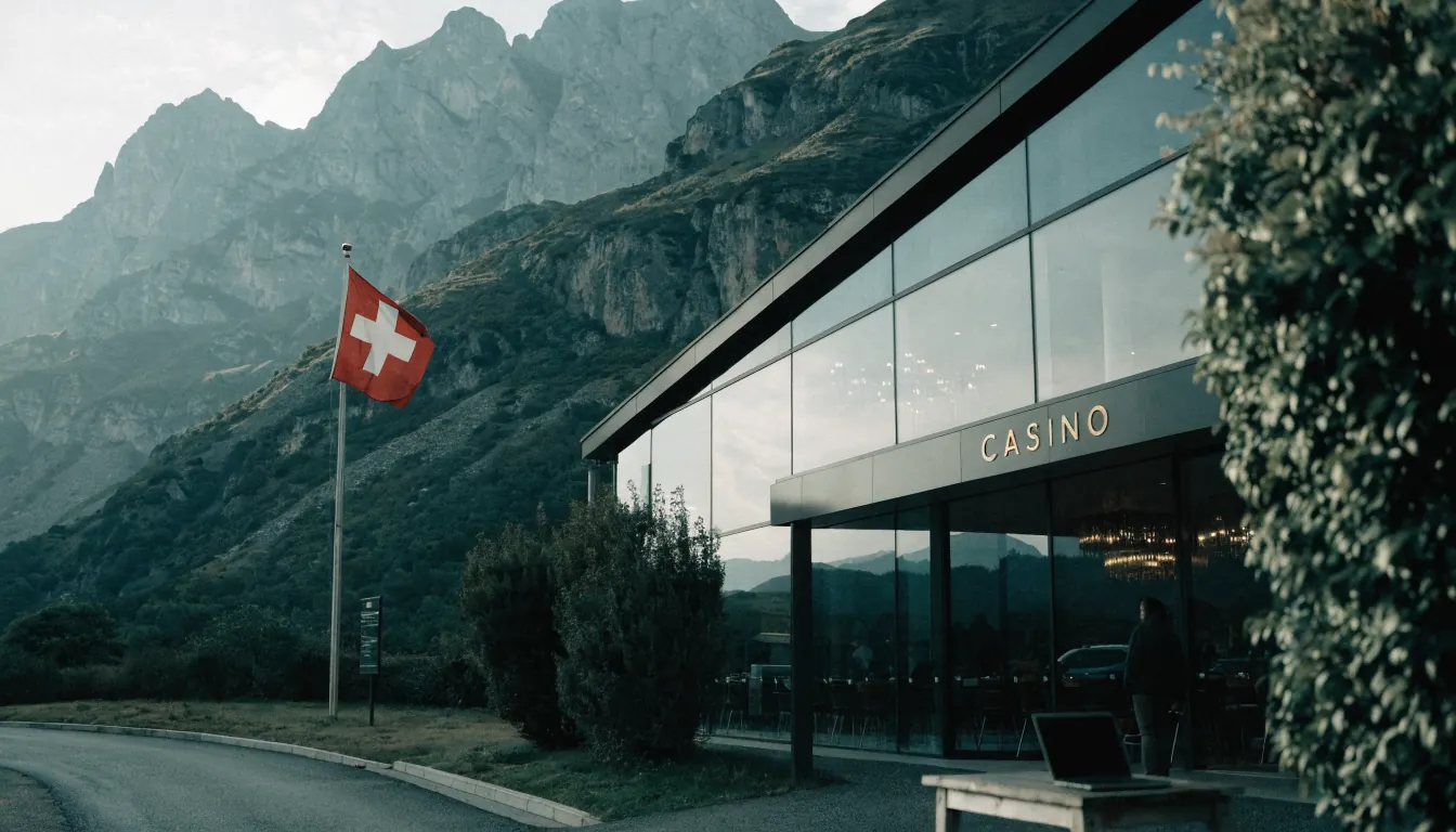 Modernes Casinogebäude vor den Schweizer Alpen, Laptop geschlossen, Schweizer Flagge.