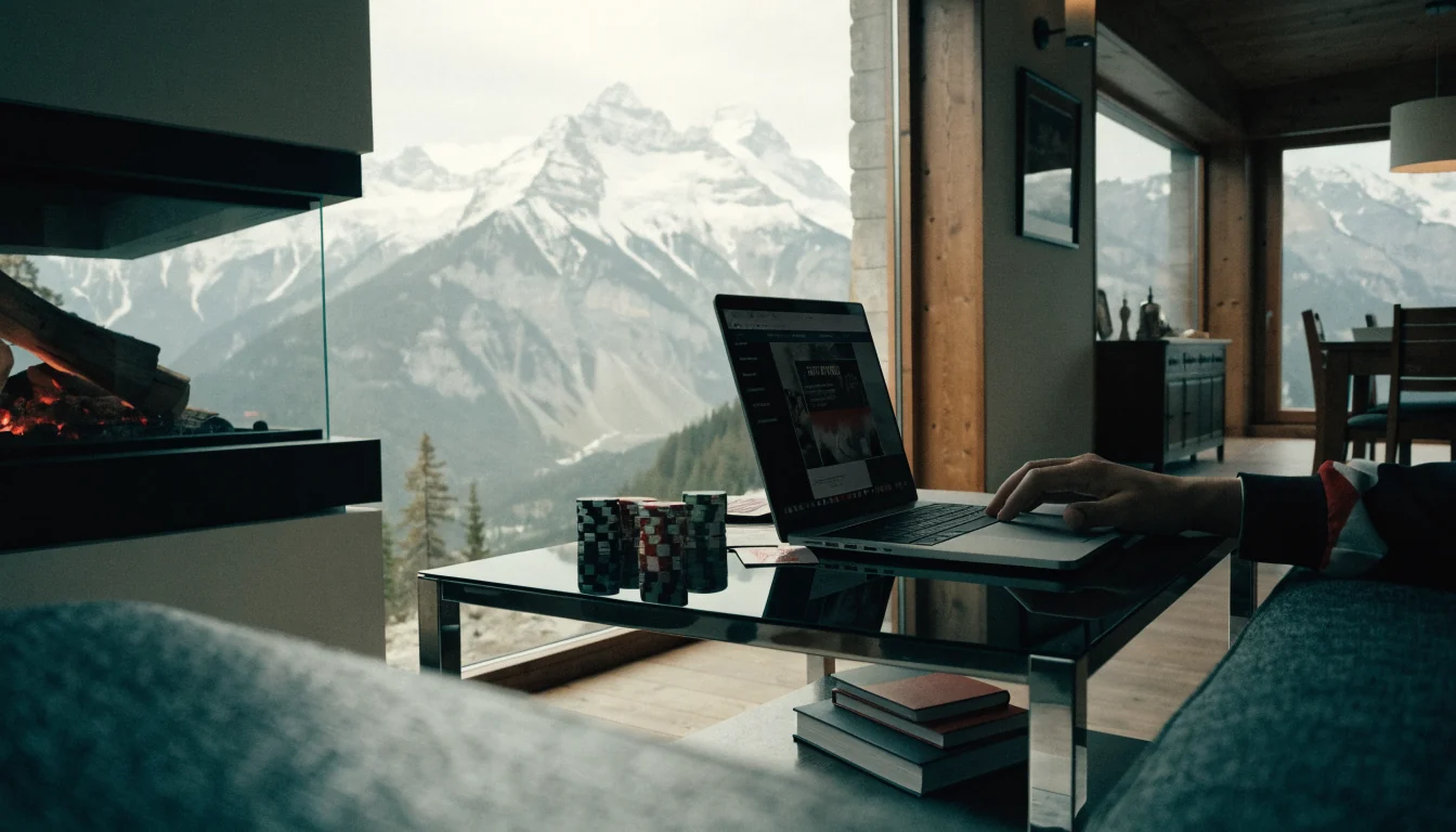 Schweizer Berghütte Innenraum mit Laptop und Glücksspielsymbole