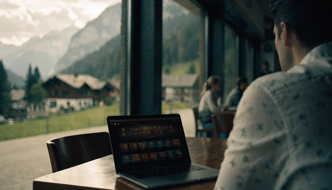 Modernes Schweizer Café mit Laptop und Casino-Lobby ohne Anmeldeformular