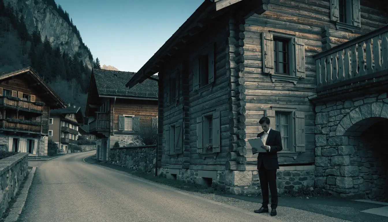 Alpine village Straße mit Chalets, Geschäftsperson mit Clipboard, Symbol für Datenschutz