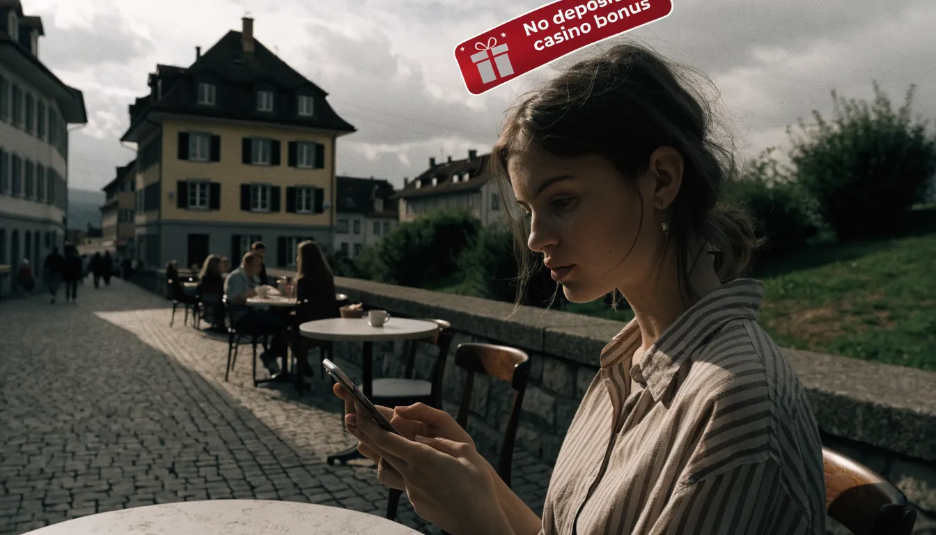 Junge Frau an Schweizer Caféterrasse mit Smartphone und Werbebanner