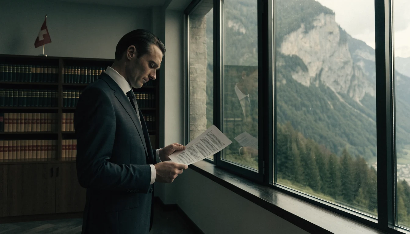 Schweizer Anwalt im Büro mit Bergblick und Rechtsdokumenten