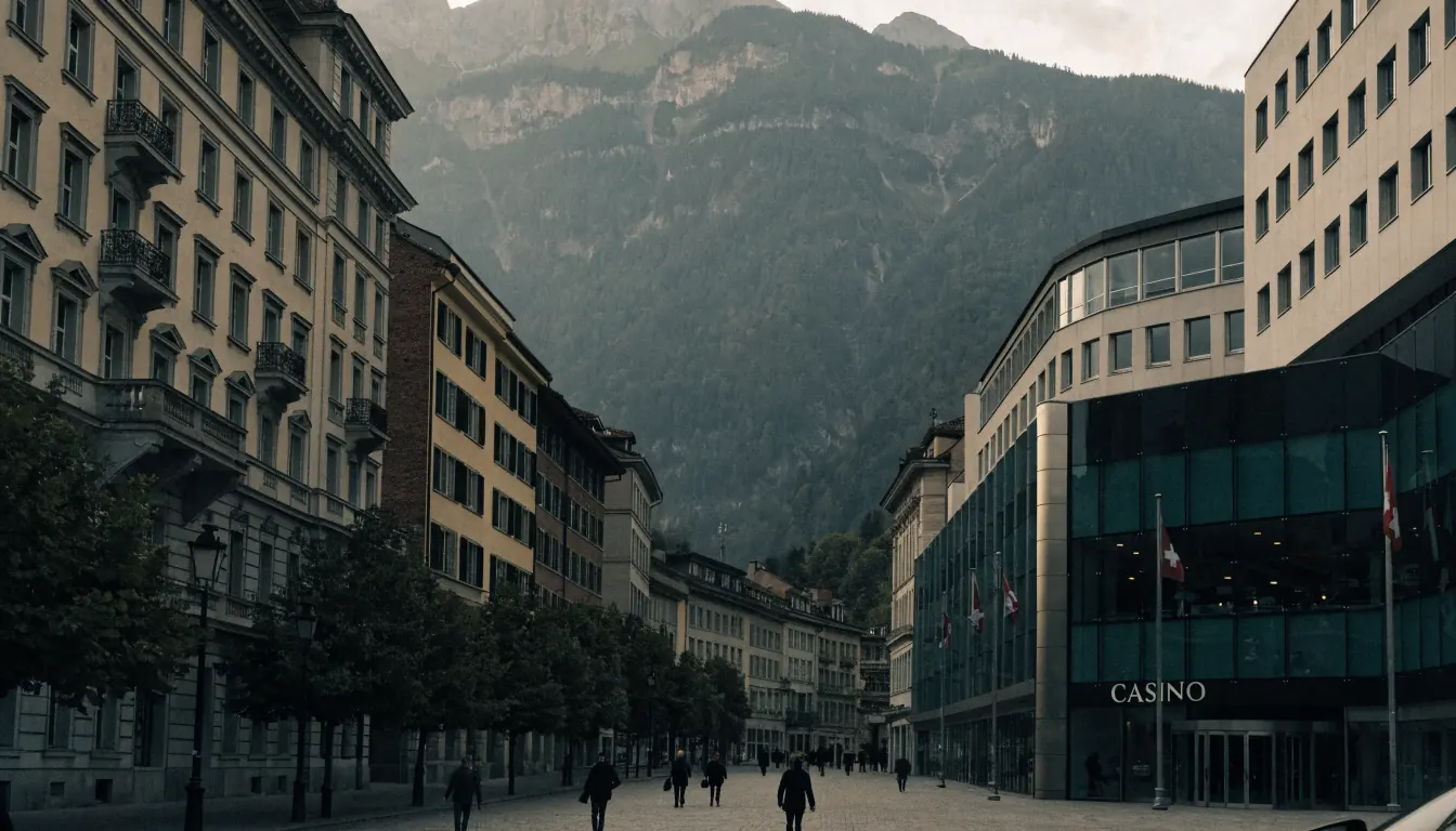 Schweizer Stadtplatz mit Casino, Alpen und Schweizer Fahnen im Tageslicht