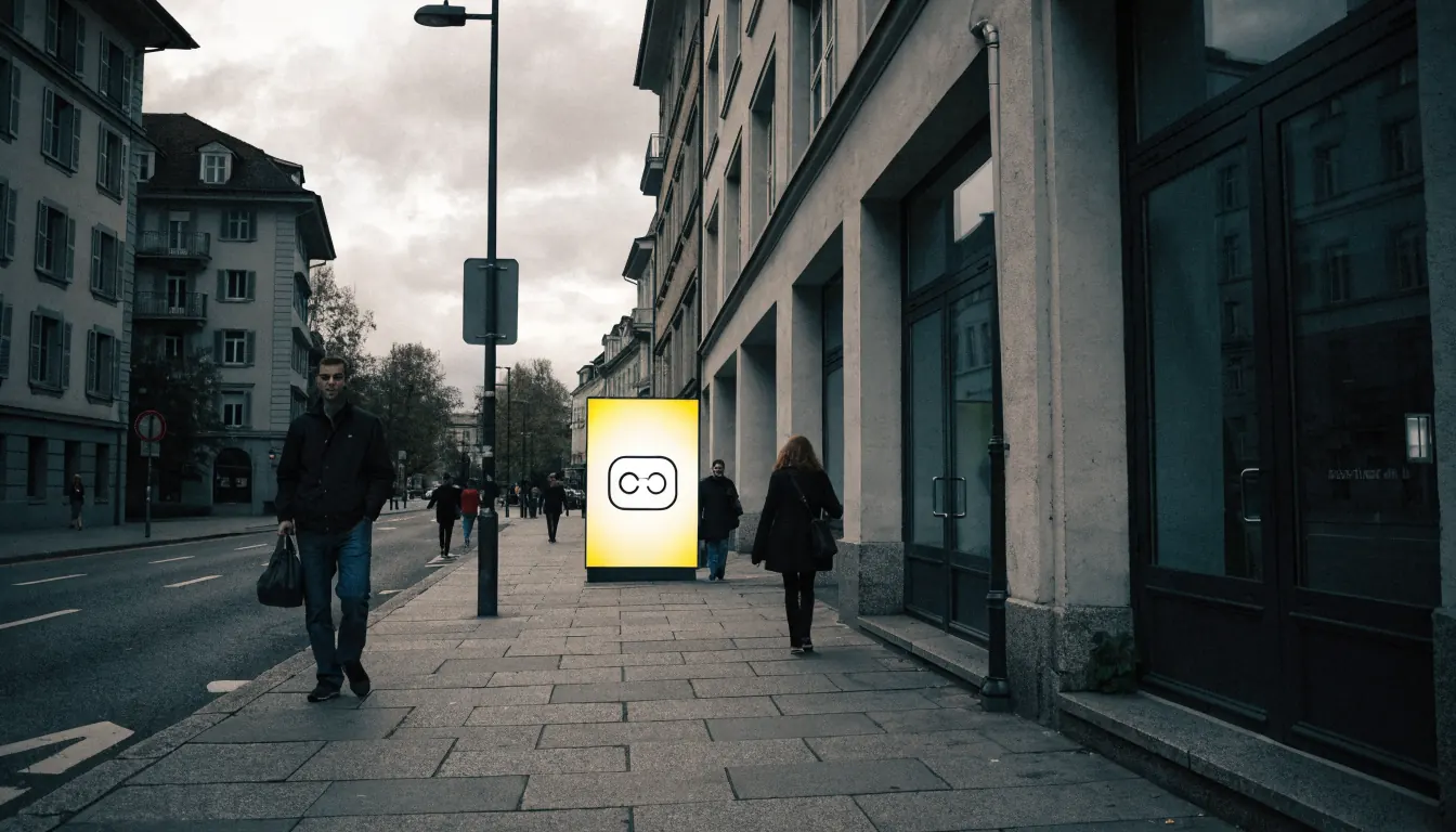 Werbetafel mit generischem Bonus‑Symbol in Zürich