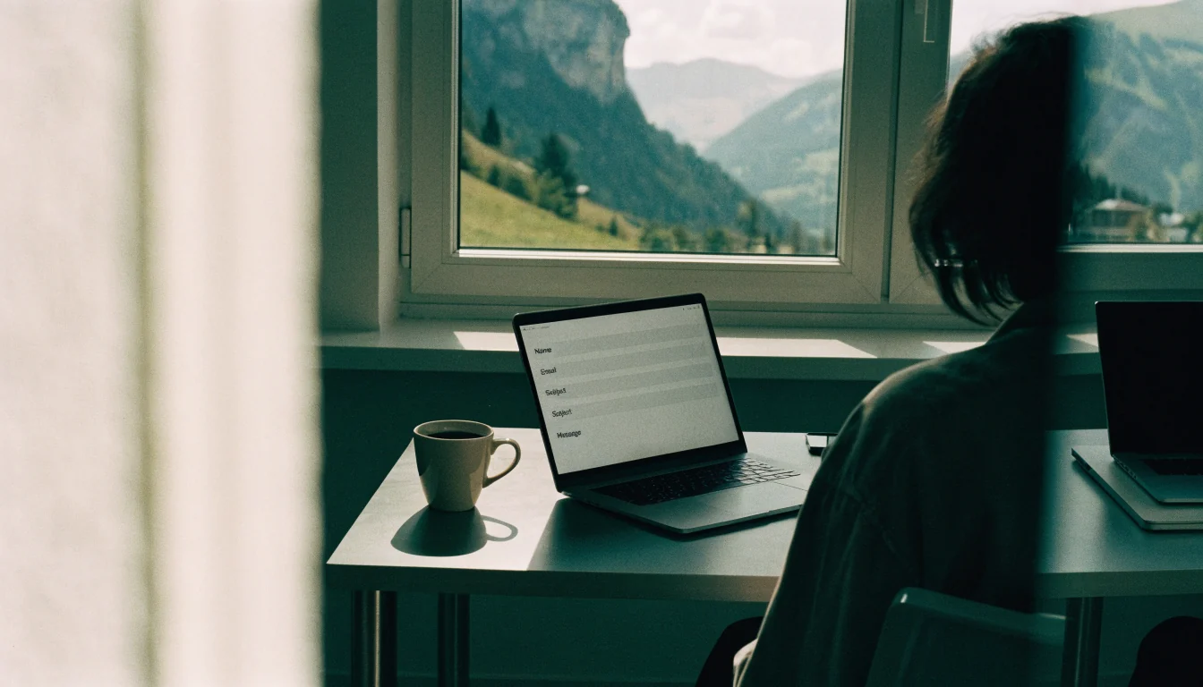 Helles Schweizer Büro mit Laptop, Kaffeetasse und Alpenblick