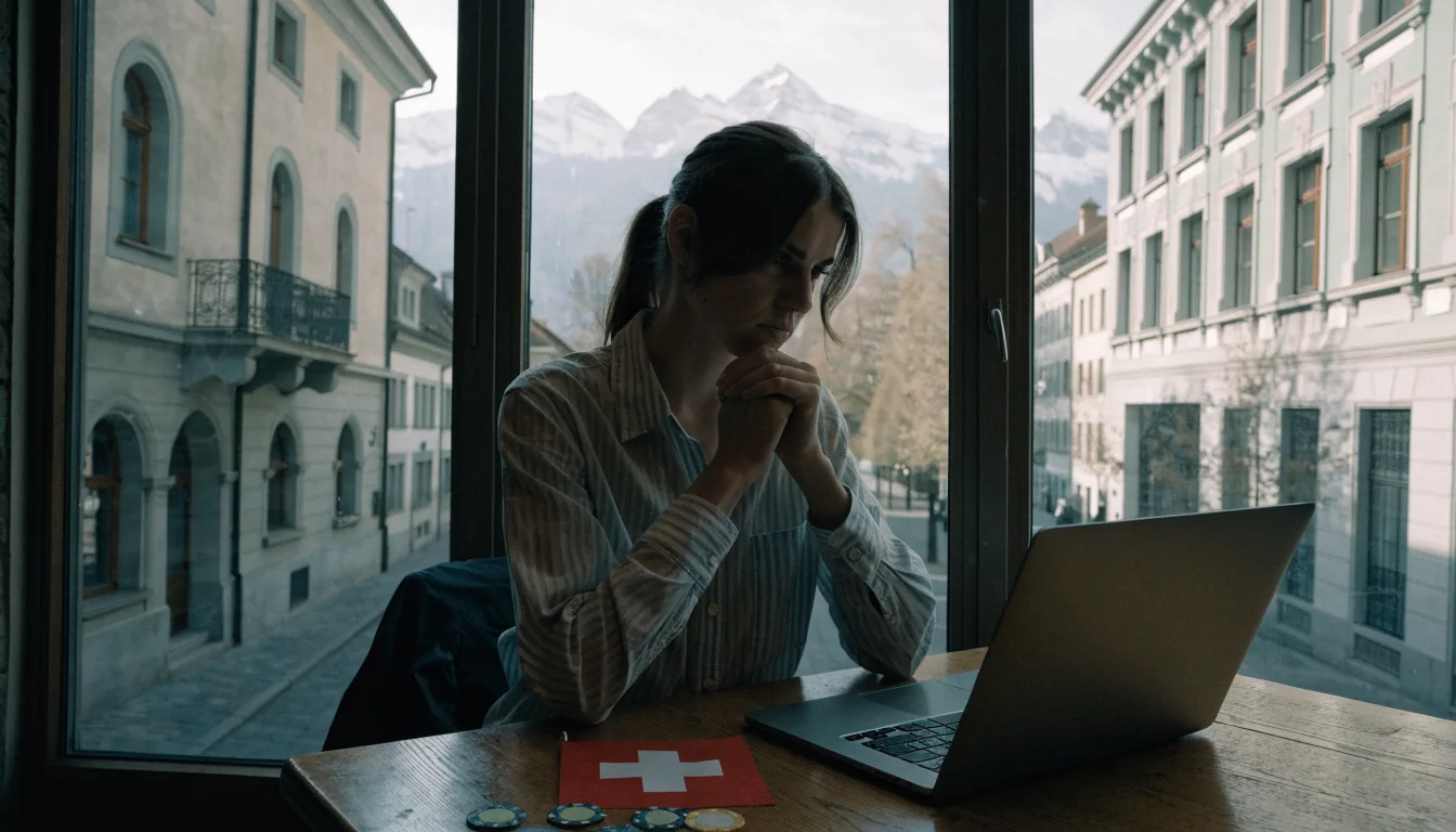 Junge Frau am Zürcher Café, Laptop, Casino-Chips, Schweizer Flagge