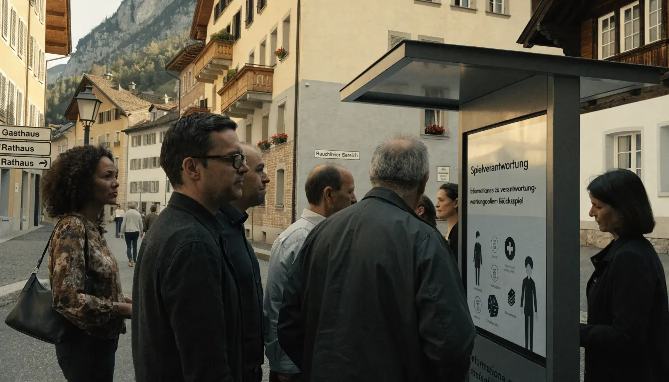 Information kiosk über verantwortungsvolles Spiel in einer Schweizer Stadt, Menschen schauen zu.